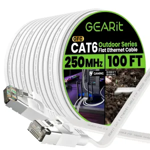 GEARit Cat 6 Outdoor Flat Ethernet Cable (100ft, White) Direct Burial Rated LLDPE Jacket - Indoor Cat6 Shielded FTP 10Gbps High Speed Gaming Computer Network RJ45 Snagless Patch Cord Internet