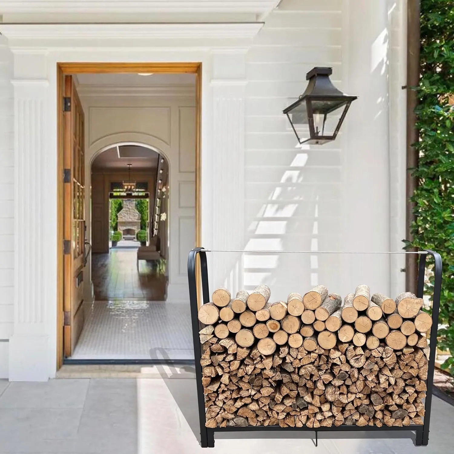 Heavy Duty Firewood Rack Stand for Indoor Outdoor Use, Durable Steel Construction, Matte Black, 4ft Storage Organizer