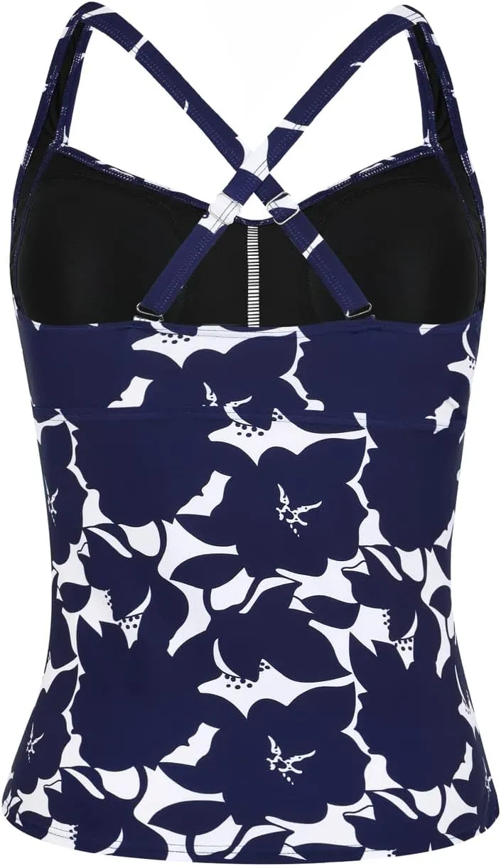 Hilor Women's Tankini Tops Shirred Tummy Control Swimsuits Cross Back Tankini Swimwear Tops