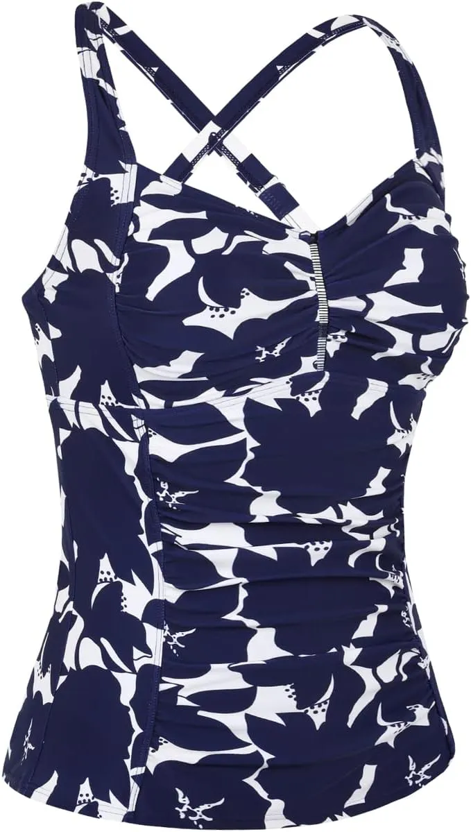 Hilor Women's Tankini Tops Shirred Tummy Control Swimsuits Cross Back Tankini Swimwear Tops