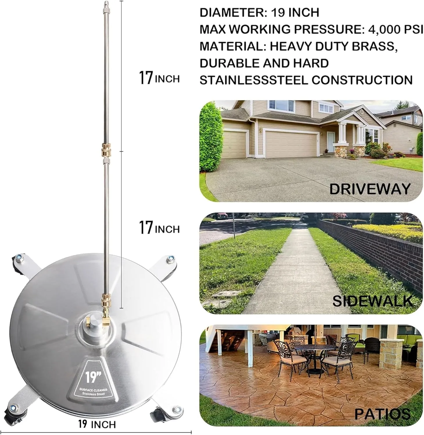 Hourleey 19" Pressure Washer Surface Cleaner, Stainless Steel Surface Cleaner with 4 Wheels for Concrete, Patio, Sidewalk, Deck, Pathway 1/4" Quick Connector, 2 Extension Wand, 4000 PSI