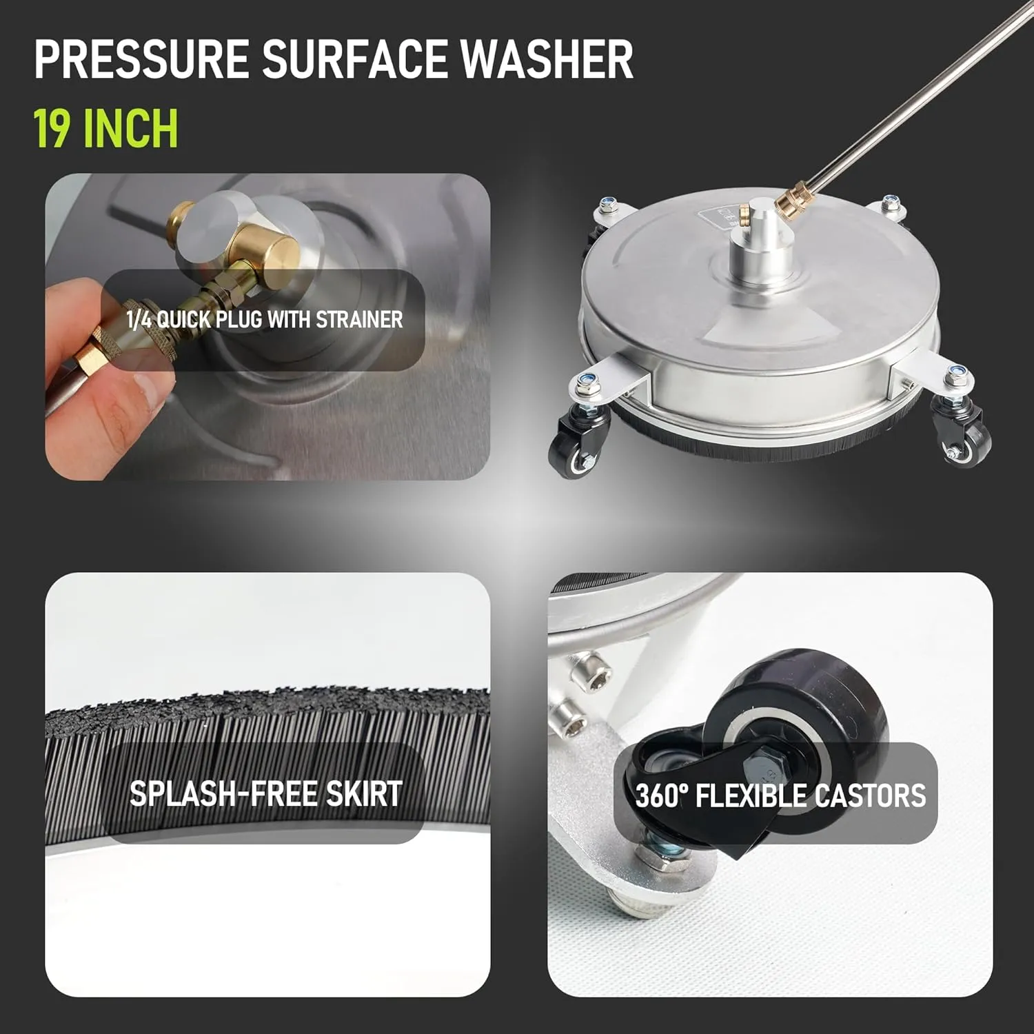 Hourleey 19" Pressure Washer Surface Cleaner, Stainless Steel Surface Cleaner with 4 Wheels for Concrete, Patio, Sidewalk, Deck, Pathway 1/4" Quick Connector, 2 Extension Wand, 4000 PSI