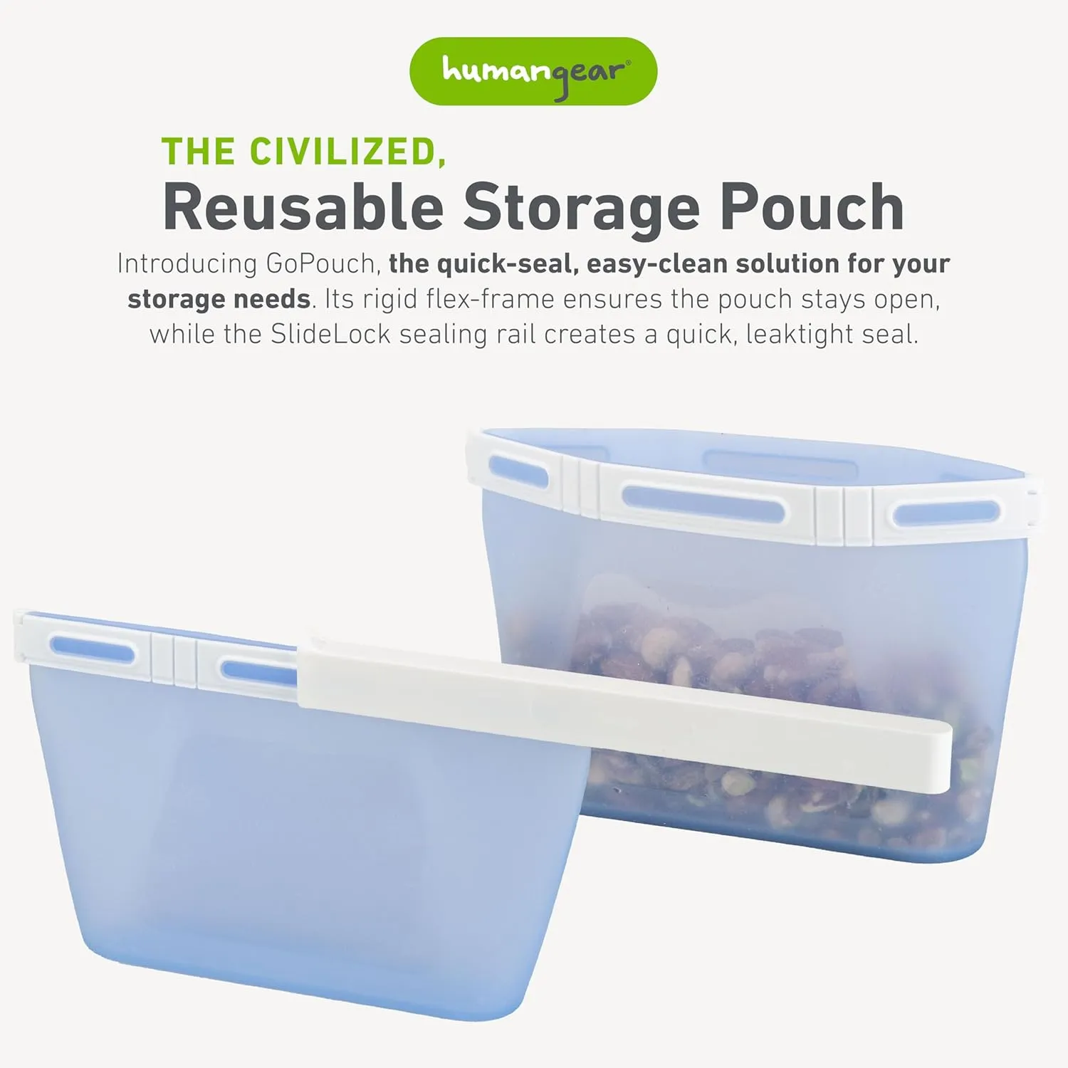 humangear GoPouch - Flexible Food Storage Container, Quick-Seal, Reusable Pouches, Leak Proof Bag with Slide-Lock Closure System, Blue, Small