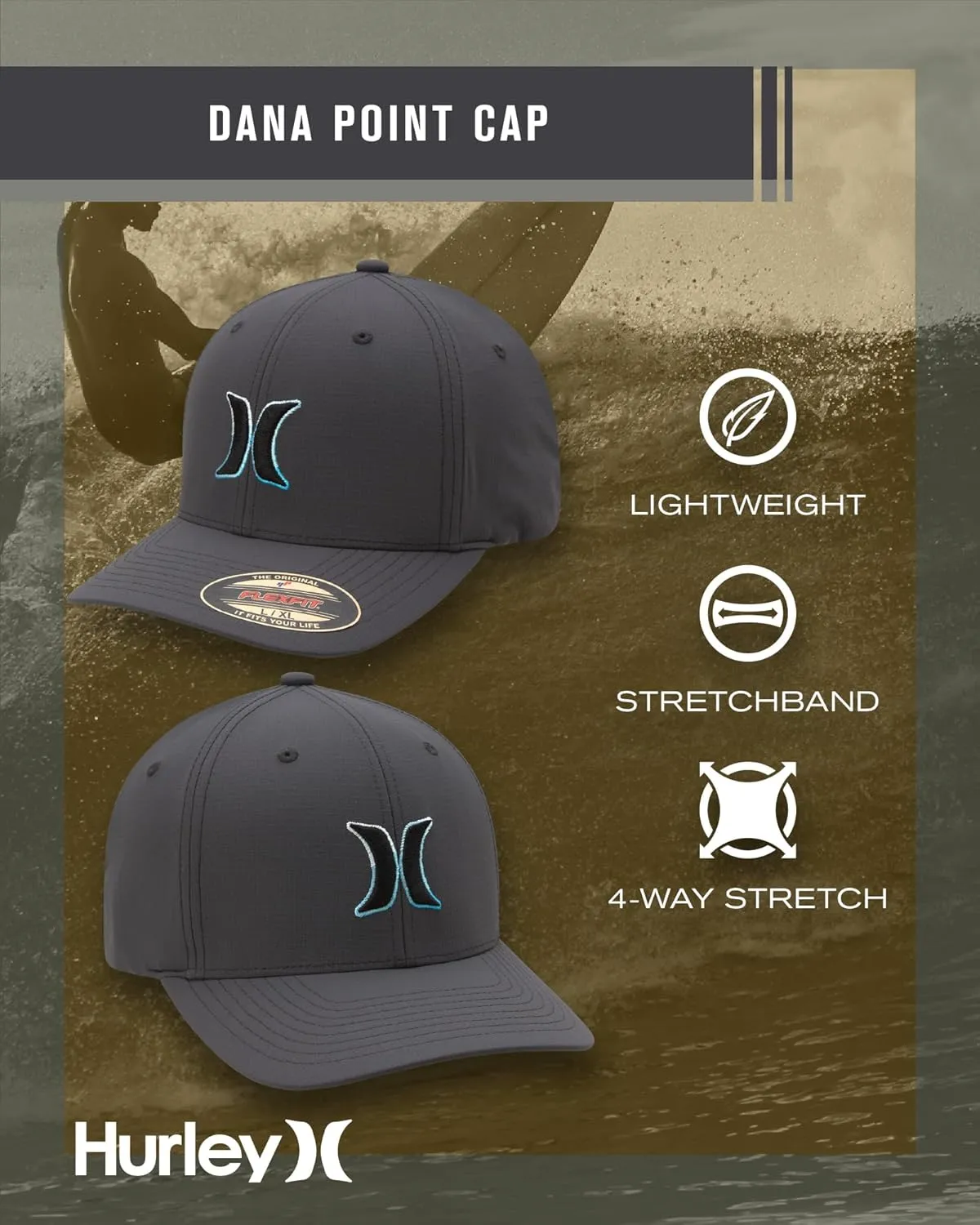 Hurley Men's Baseball Cap - Dana Point Cotton Ripstop Stretch Fitted Cap for Men with Gradient Embroidered Icon (Size: S-XL)