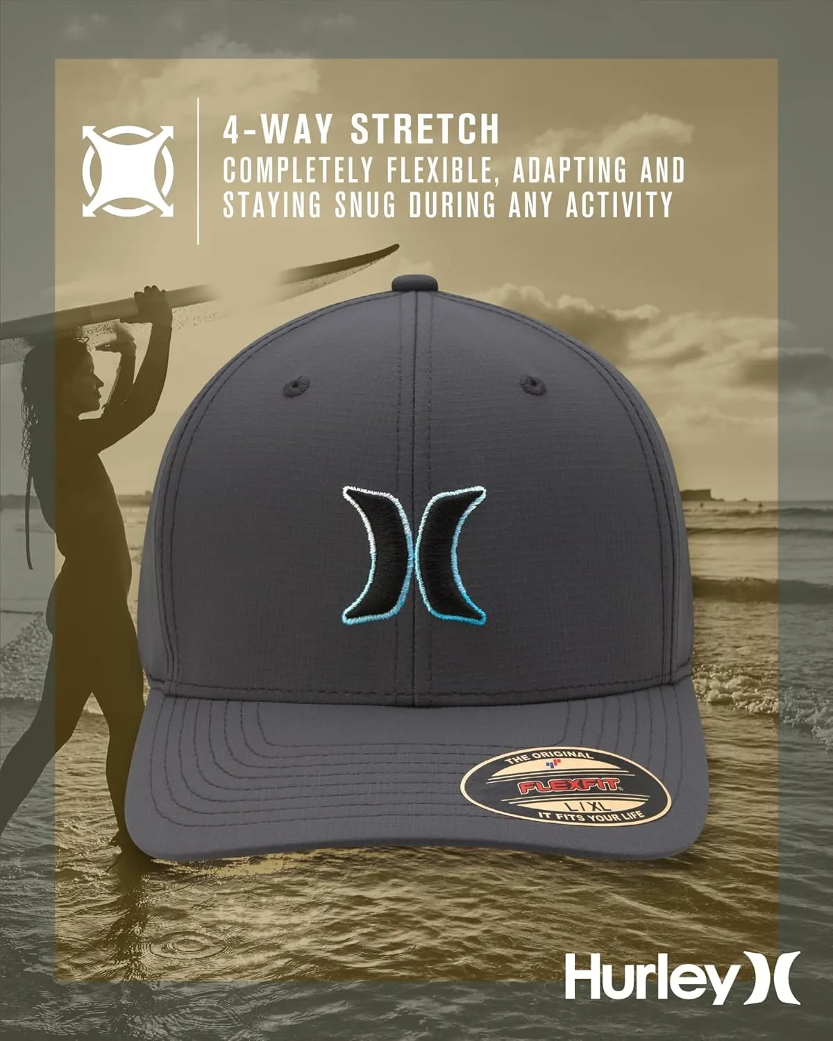Hurley Men's Baseball Cap - Dana Point Cotton Ripstop Stretch Fitted Cap for Men with Gradient Embroidered Icon (Size: S-XL)