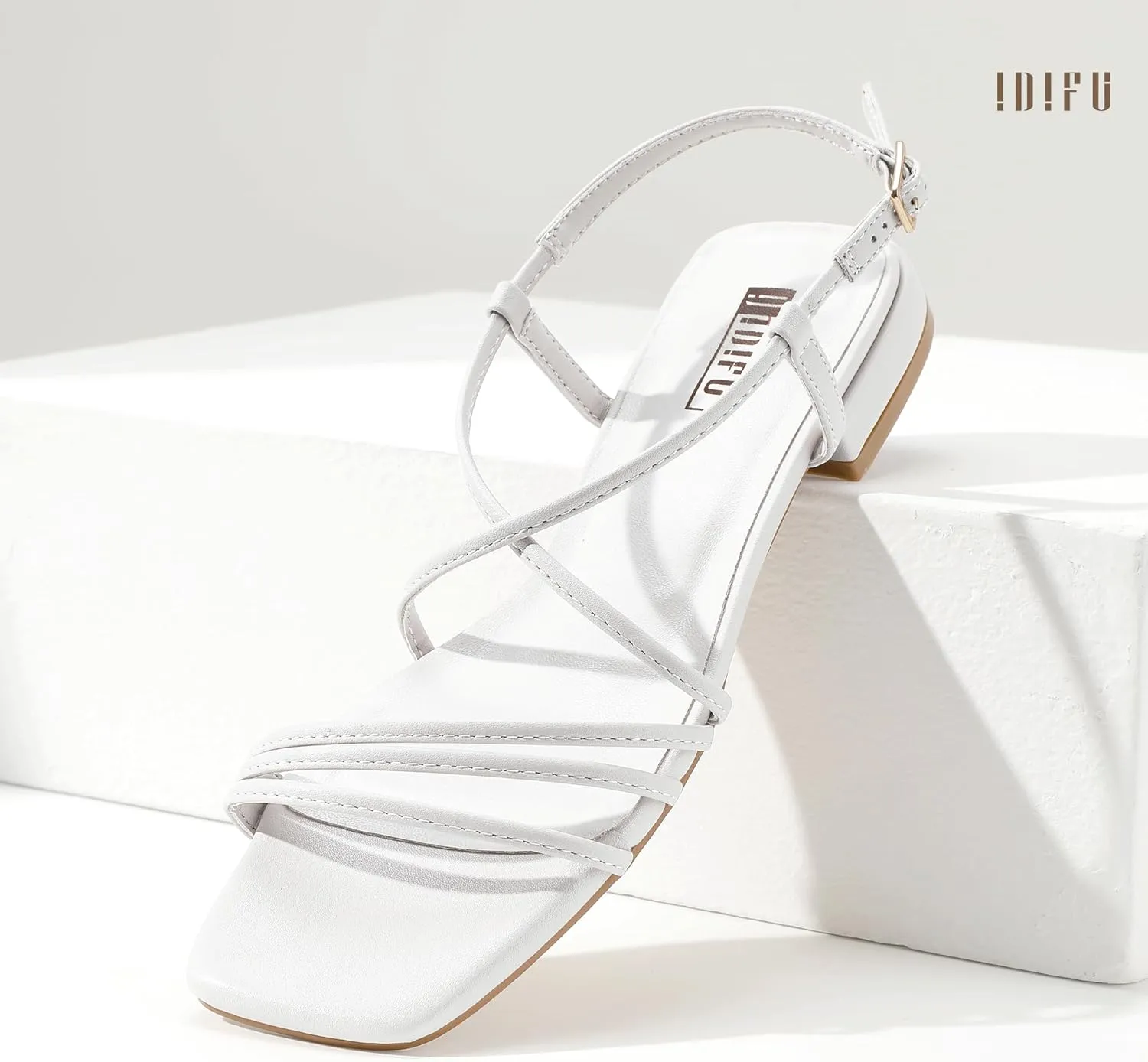 IDIFU Strappy Flat Sandals for Women Dressy Comfortable Square Open Toe Summer Beach Sandal Wedding Bridal Bride Prom Ladies Dress Sandal Fashion Cute Fancy Casual Ankle Strap Sandals