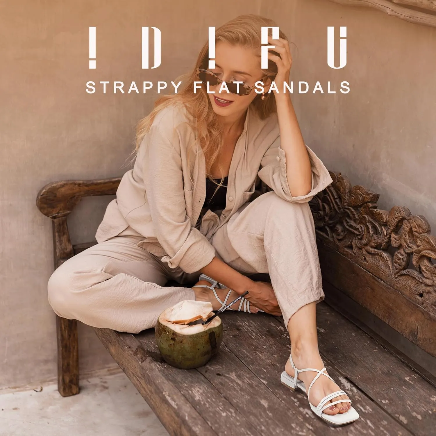 IDIFU Strappy Flat Sandals for Women Dressy Comfortable Square Open Toe Summer Beach Sandal Wedding Bridal Bride Prom Ladies Dress Sandal Fashion Cute Fancy Casual Ankle Strap Sandals