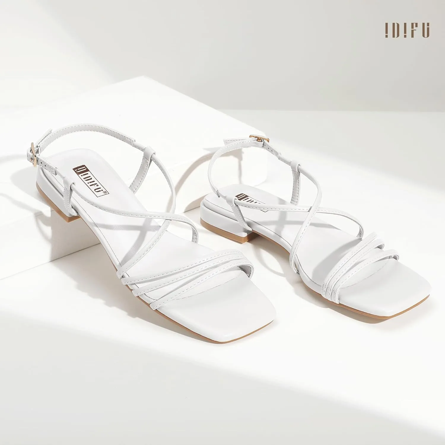 IDIFU Strappy Flat Sandals for Women Dressy Comfortable Square Open Toe Summer Beach Sandal Wedding Bridal Bride Prom Ladies Dress Sandal Fashion Cute Fancy Casual Ankle Strap Sandals