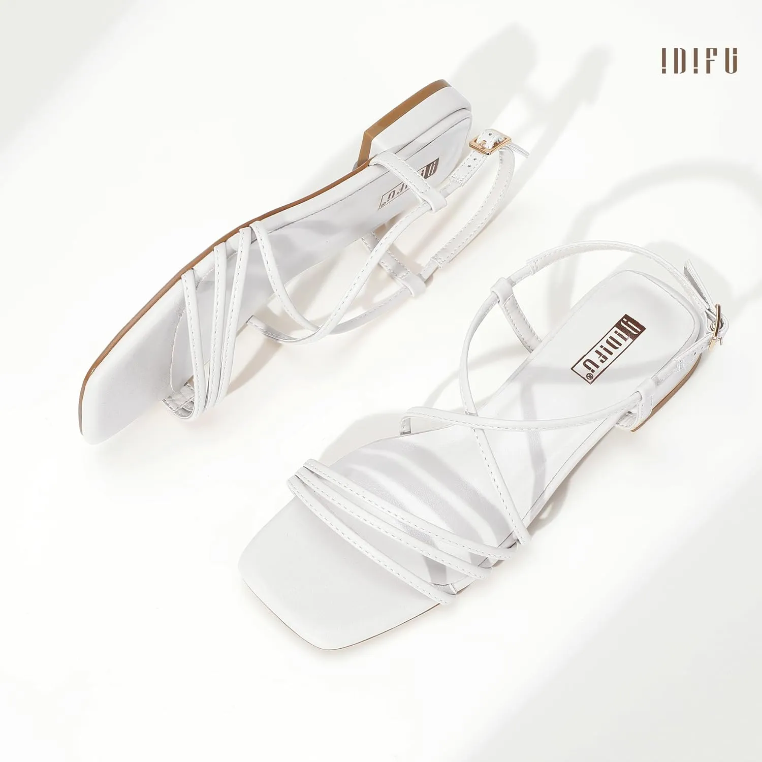 IDIFU Strappy Flat Sandals for Women Dressy Comfortable Square Open Toe Summer Beach Sandal Wedding Bridal Bride Prom Ladies Dress Sandal Fashion Cute Fancy Casual Ankle Strap Sandals