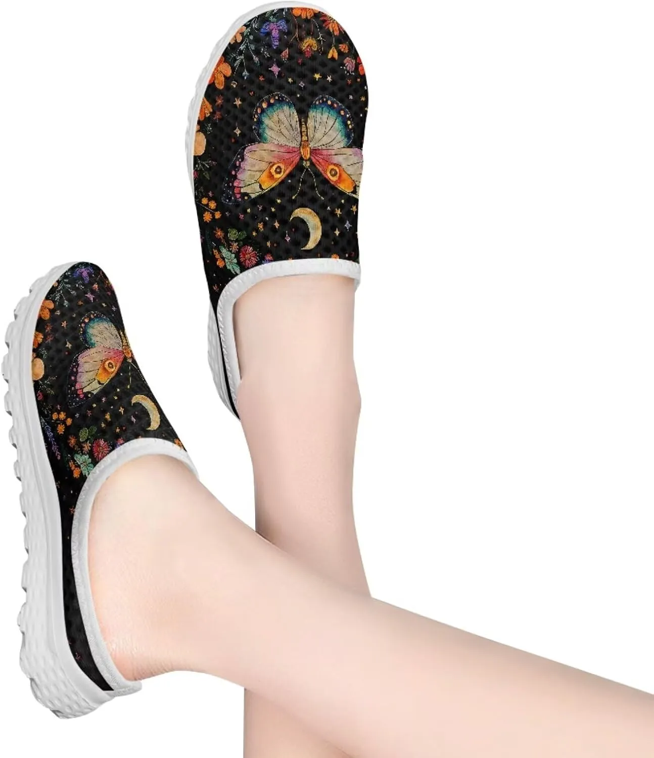 Jeiento Womens Butterfly Pattern Mules Shoes Breathable Mesh Walking Sneaker Comfort Flats House Slippers for Work,Travel