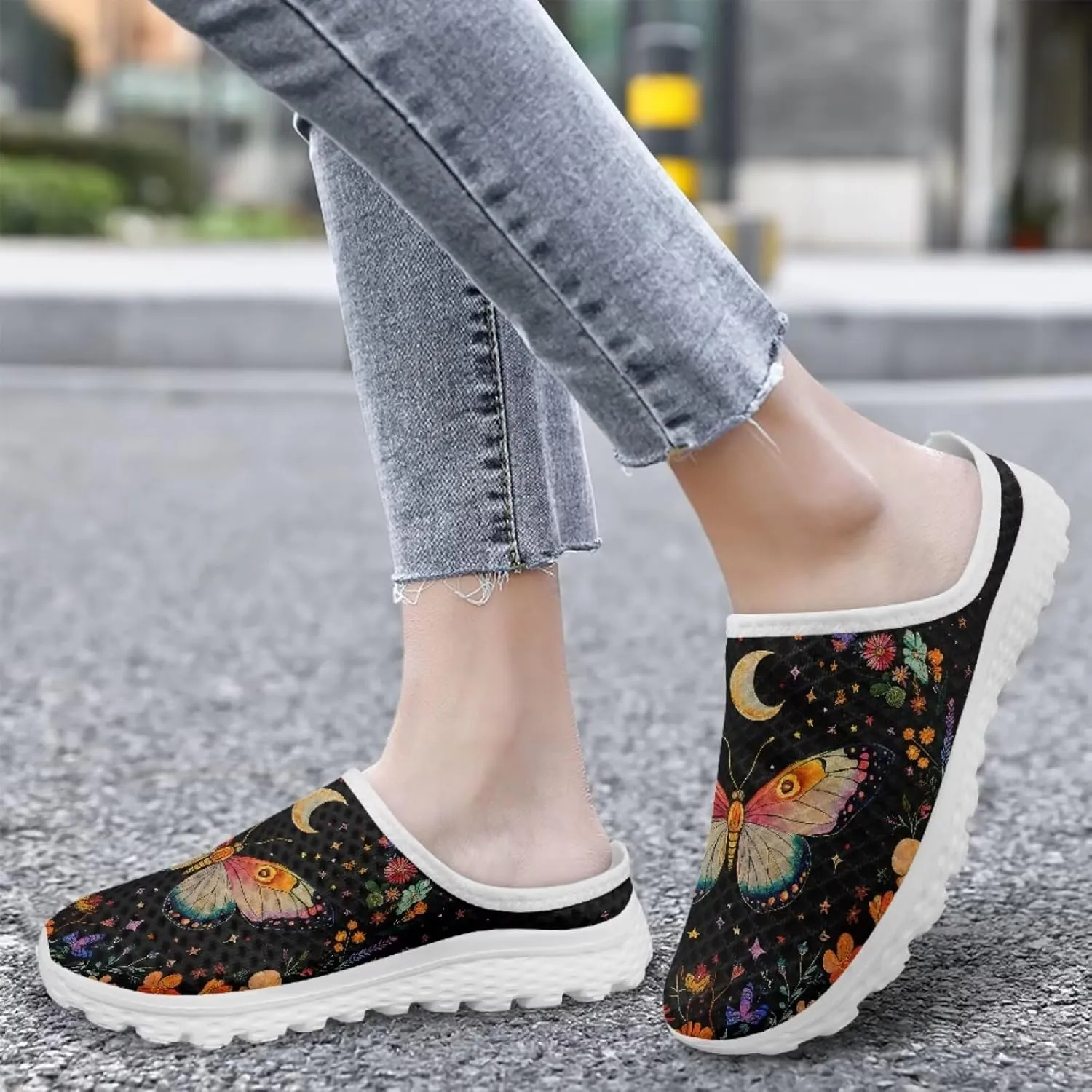 Jeiento Womens Butterfly Pattern Mules Shoes Breathable Mesh Walking Sneaker Comfort Flats House Slippers for Work,Travel
