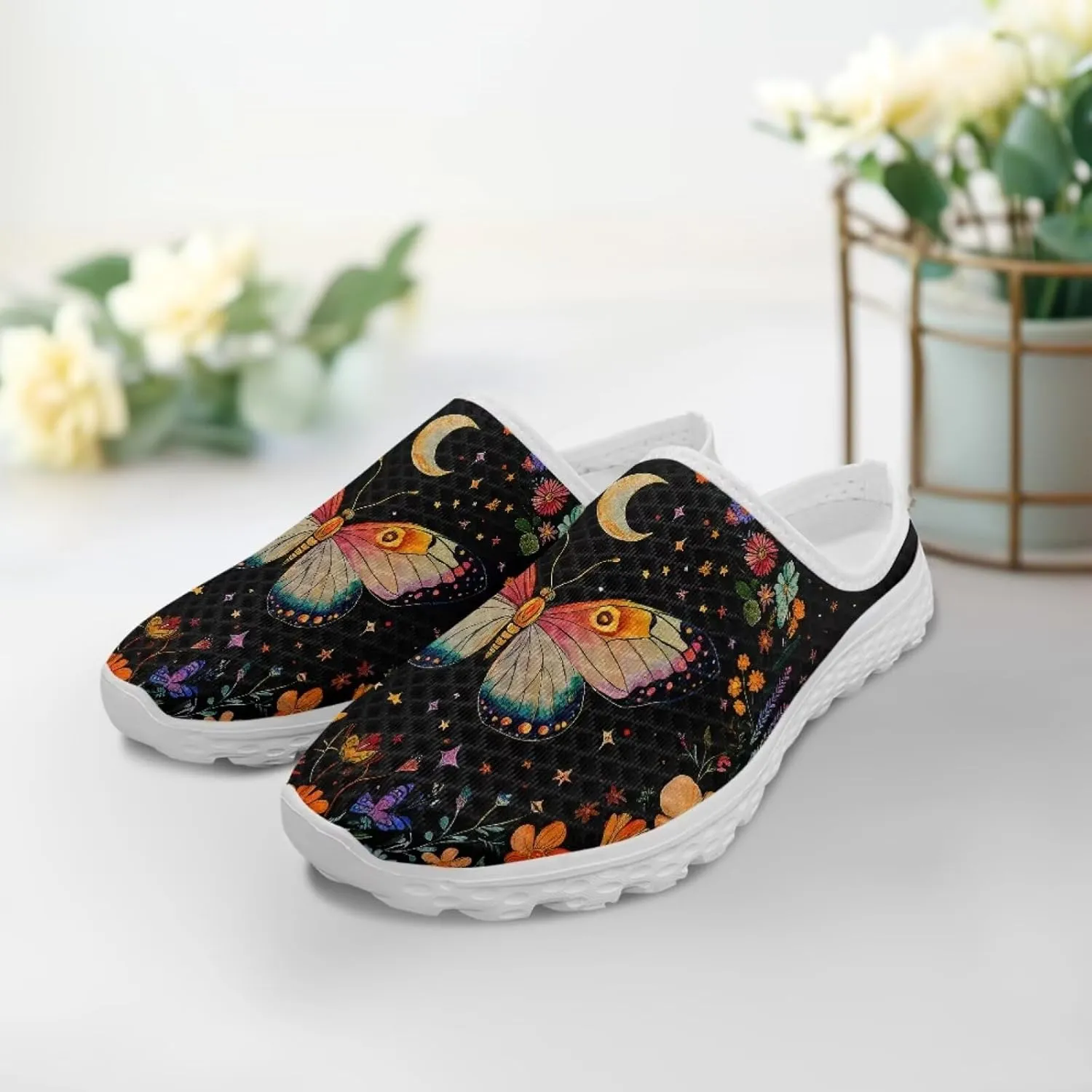 Jeiento Womens Butterfly Pattern Mules Shoes Breathable Mesh Walking Sneaker Comfort Flats House Slippers for Work,Travel