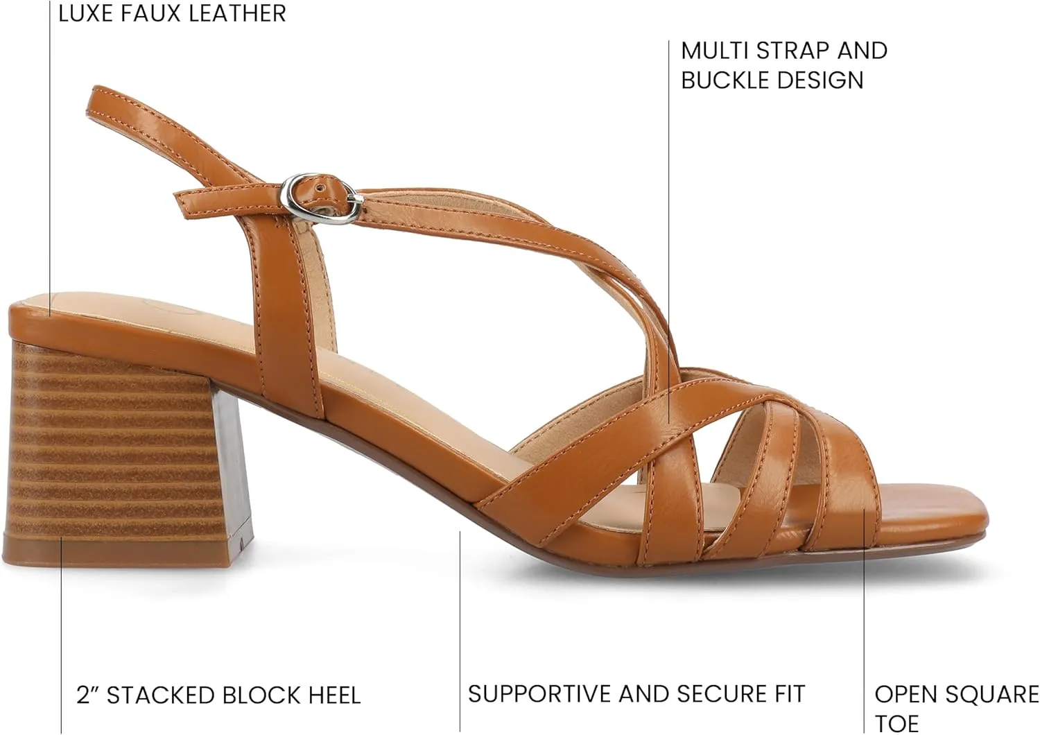 Journee Womens Block heel Cushioned Footbed Shyla Crisscross straps Faux Leather Multi Straps 2-3 inch heel Open Toe