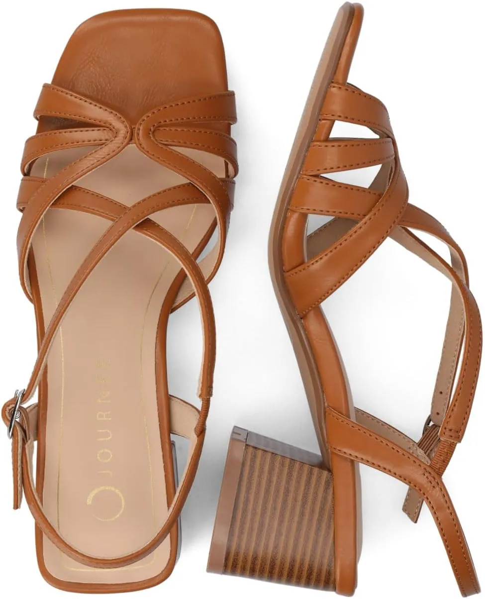 Journee Womens Block heel Cushioned Footbed Shyla Crisscross straps Faux Leather Multi Straps 2-3 inch heel Open Toe