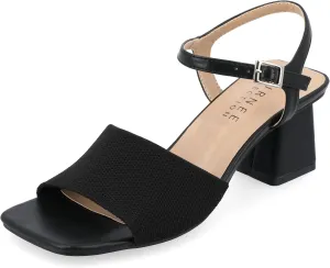 Journee Womens Knit Buckle Ankle Strap Covered Block Heel Open Square Toe Evylinn Comfort Foam Sandals