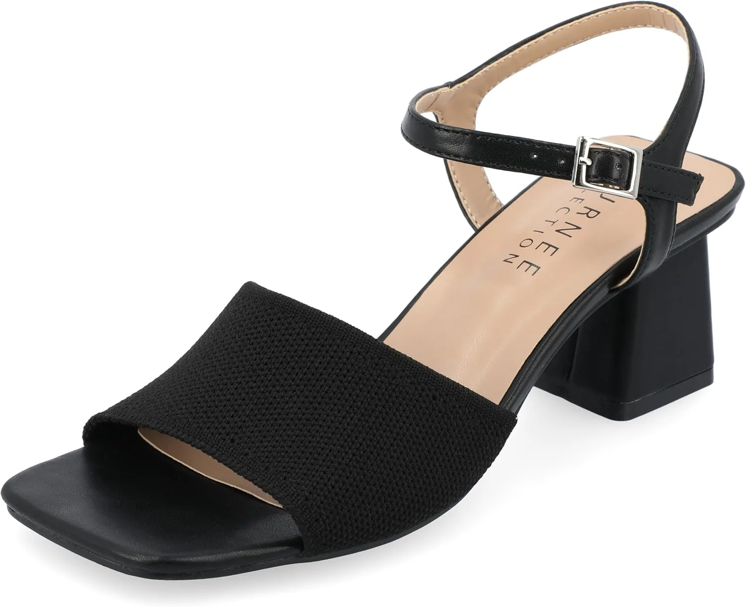 Journee Womens Knit Buckle Ankle Strap Covered Block Heel Open Square Toe Evylinn Comfort Foam Sandals