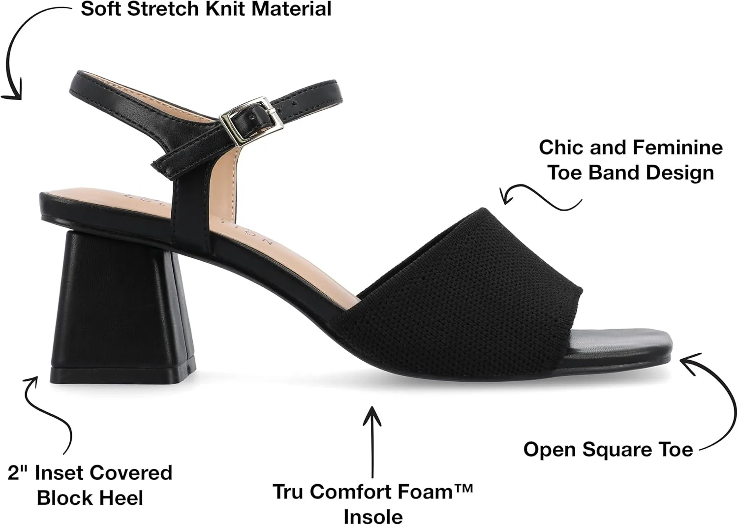 Journee Womens Knit Buckle Ankle Strap Covered Block Heel Open Square Toe Evylinn Comfort Foam Sandals