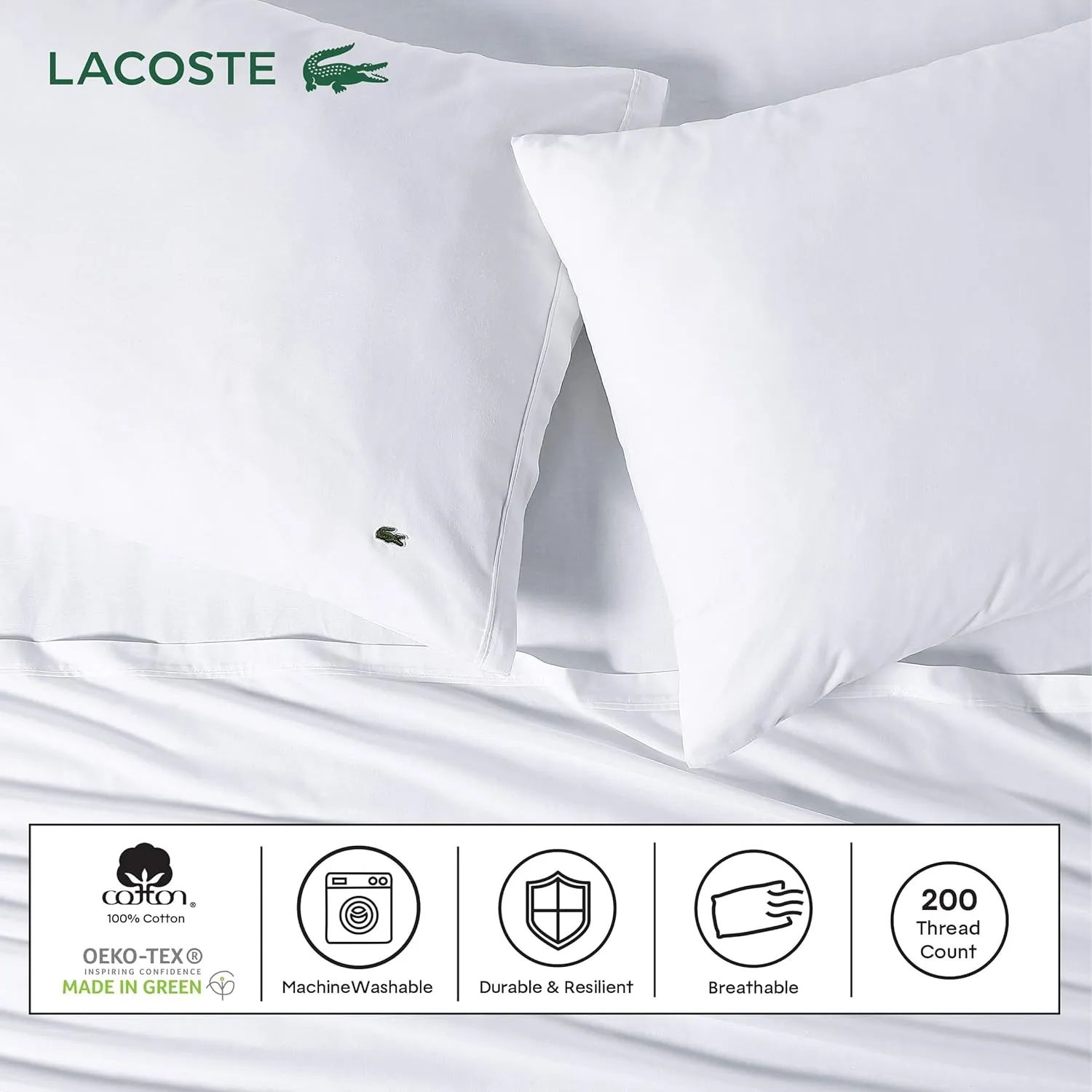 Lacoste 100% Cotton Percale Solid Sheet Set, Breathable, Cooling & Hotel Quality Sheets - Deep Pocket, Easy-Fit, Oeko-Tex Certified, Allure Blue, Full