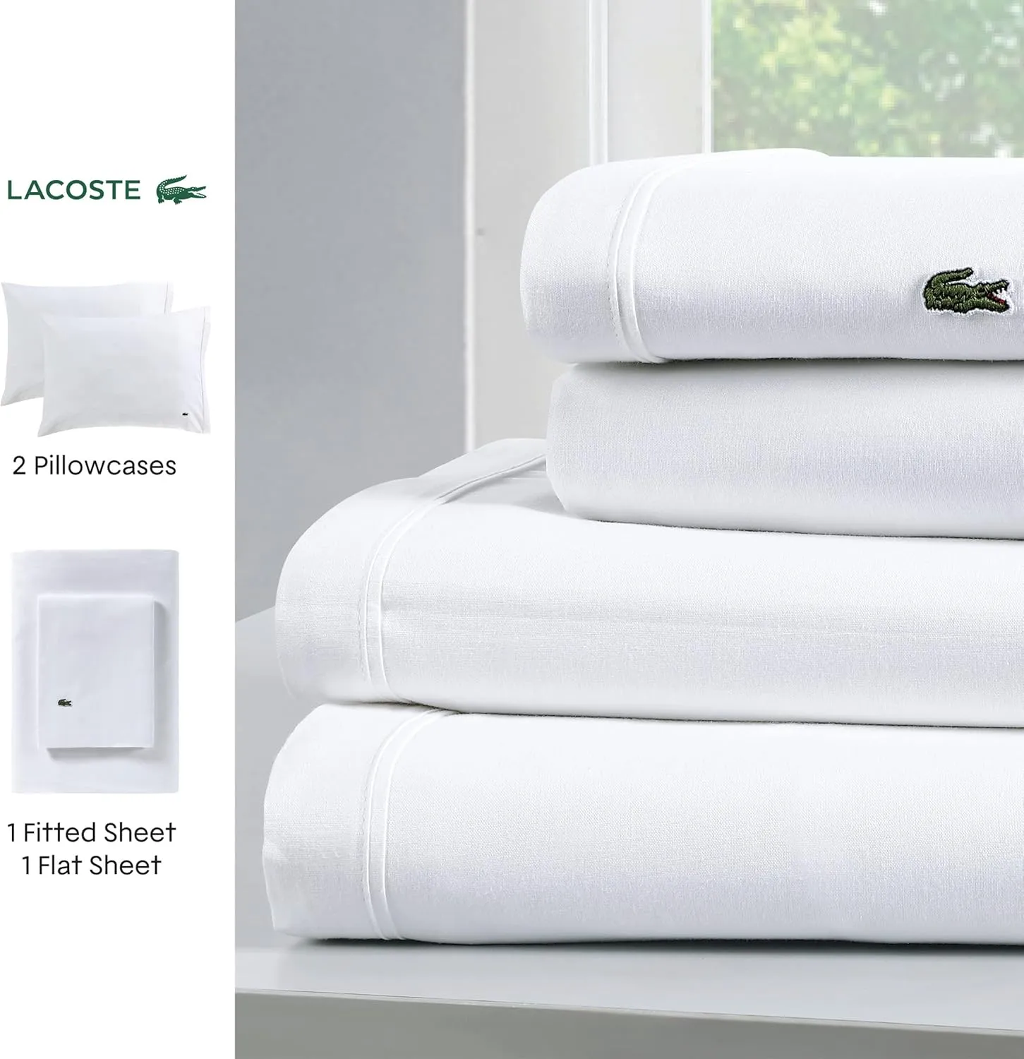 Lacoste 100% Cotton Percale Solid Sheet Set, Breathable, Cooling & Hotel Quality Sheets - Deep Pocket, Easy-Fit, Oeko-Tex Certified, Allure Blue, Full