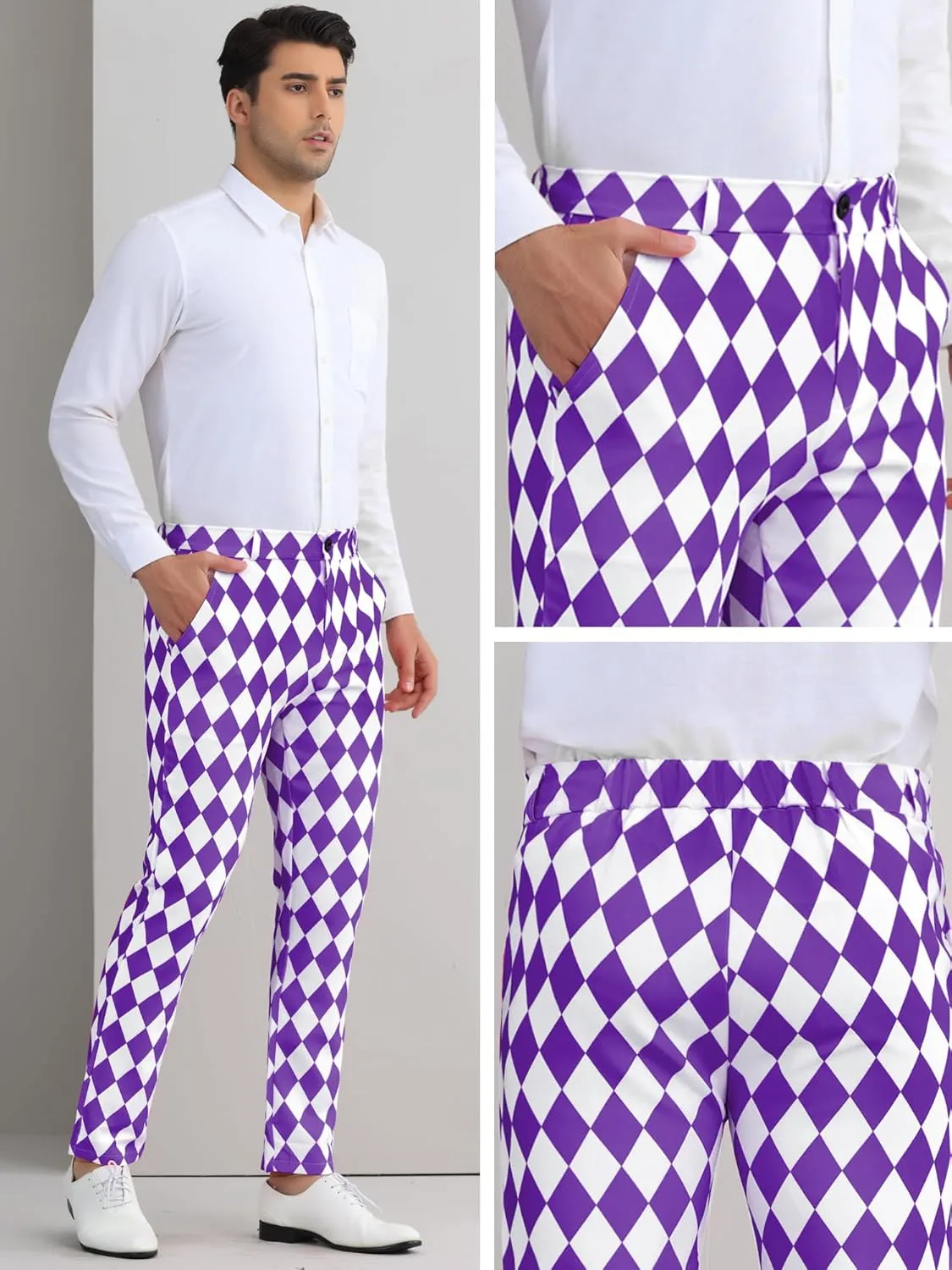 Lars Amadeus Argyle Pattern Pants for Men's Regular Fit Flat Front Party Prom Dress Trousers