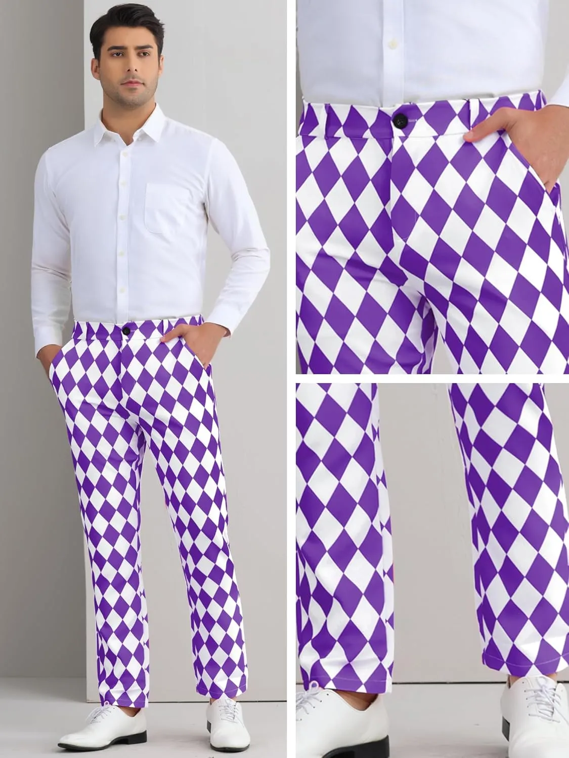 Lars Amadeus Argyle Pattern Pants for Men's Regular Fit Flat Front Party Prom Dress Trousers