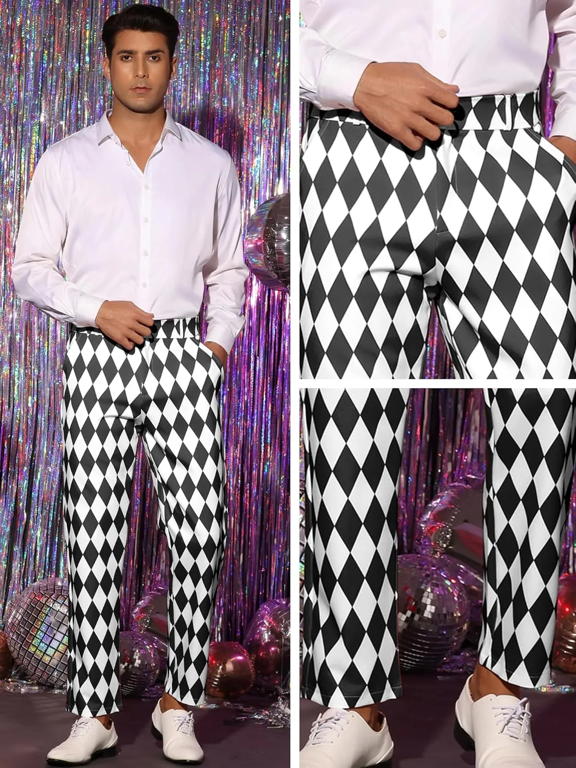 Lars Amadeus Argyle Pattern Pants for Men's Regular Fit Flat Front Party Prom Dress Trousers