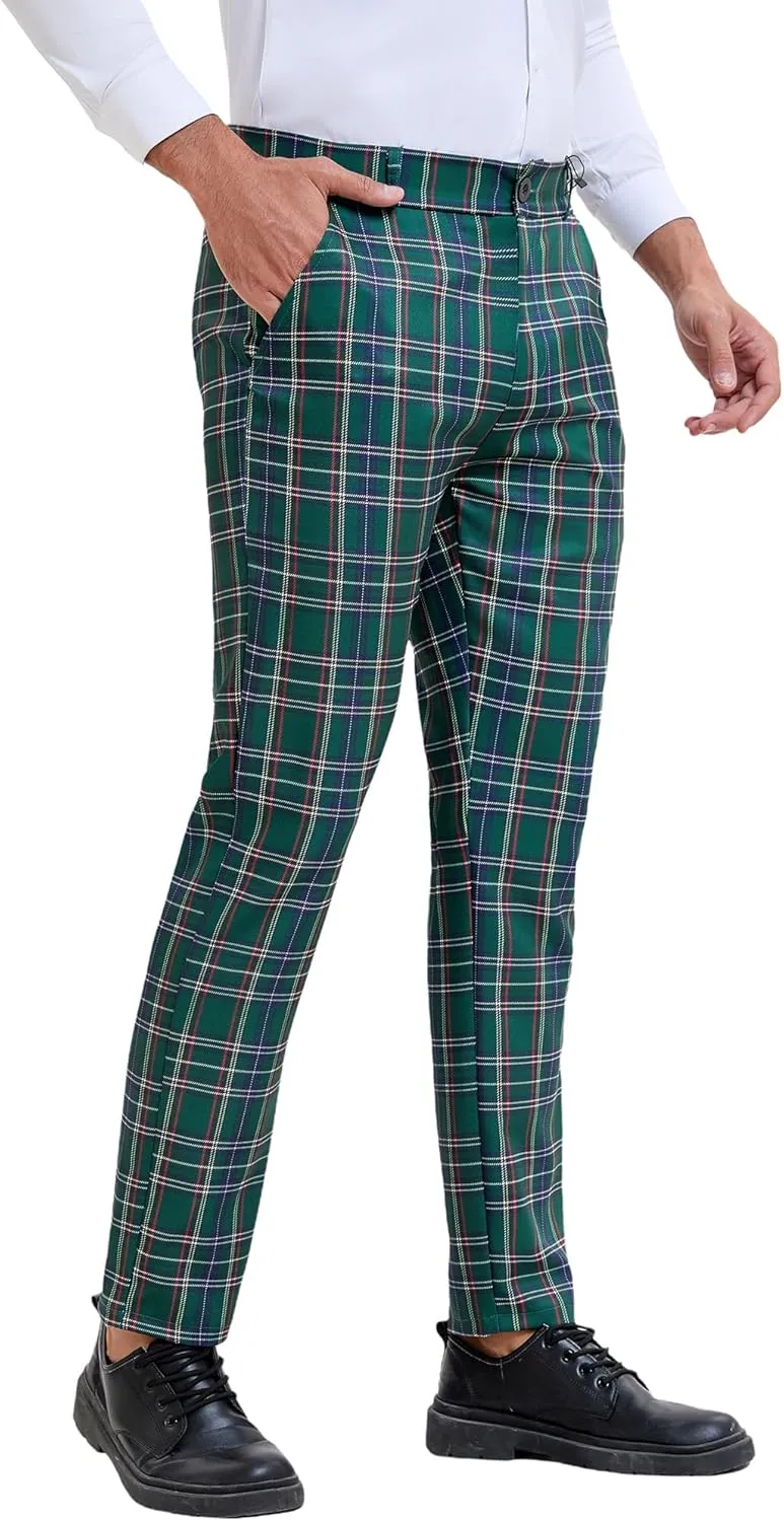 Lars Amadeus Men's Plaid Pants Regular Fit Flat Front Classic Elastic Waist Suit Pants