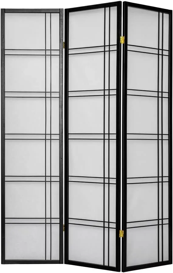 Legacy Decor 3 Panels Room Divider Privacy Screen Partition Shoji Style 5.9 ft Tall Black Finish Lattice Design