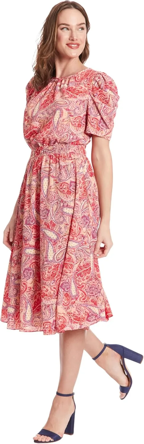 London Times Women's Caterpillar Puff Sleeve Midi Dress - Gathered Waist A-Line Flowy Summer Dress