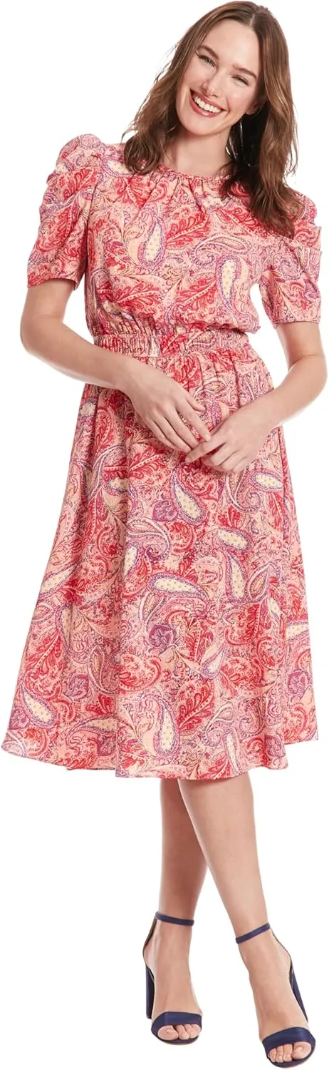 London Times Women's Caterpillar Puff Sleeve Midi Dress - Gathered Waist A-Line Flowy Summer Dress