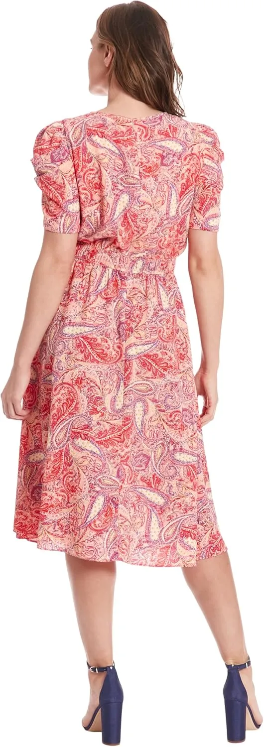 London Times Women's Caterpillar Puff Sleeve Midi Dress - Gathered Waist A-Line Flowy Summer Dress