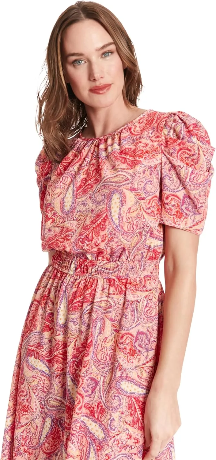 London Times Women's Caterpillar Puff Sleeve Midi Dress - Gathered Waist A-Line Flowy Summer Dress
