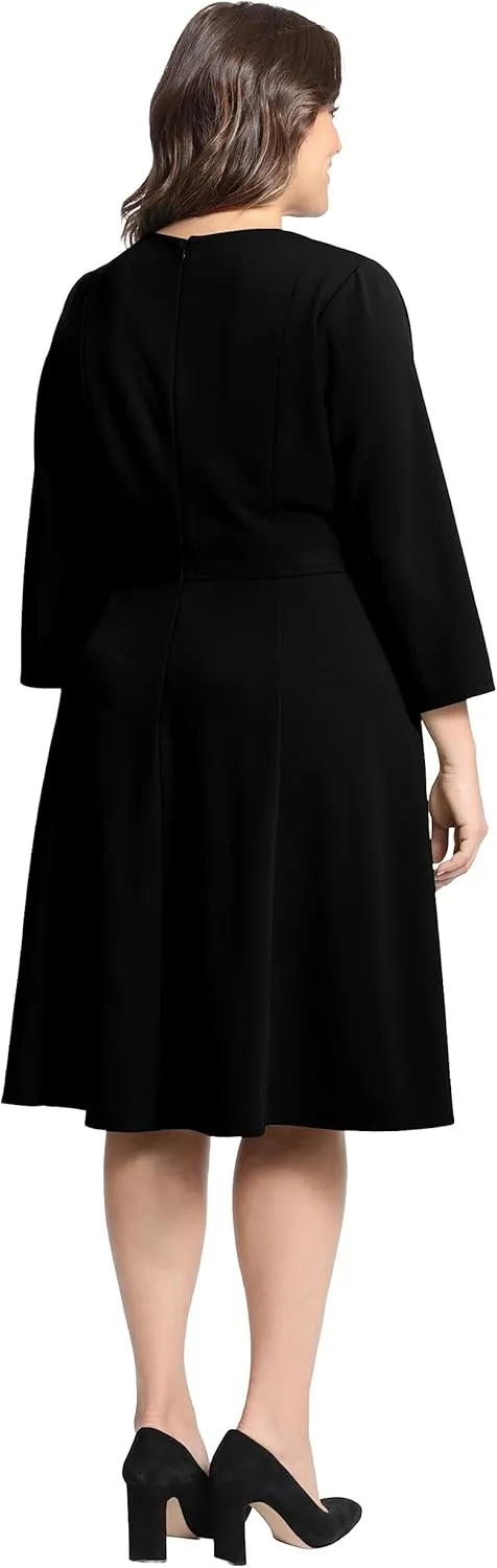 London Times Women's Crepe Fit and Flare Midi with Waist Button Detail