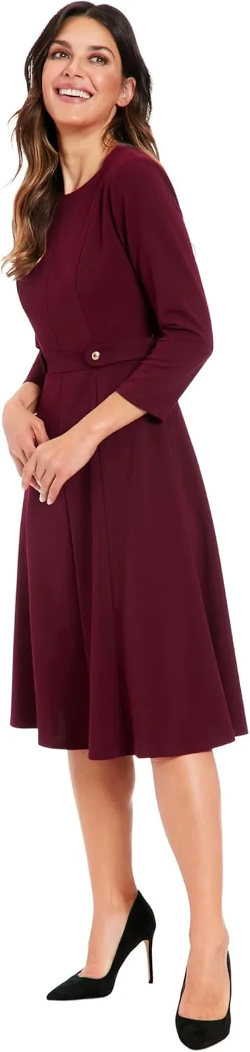London Times Women's Crepe Fit and Flare Midi with Waist Button Detail