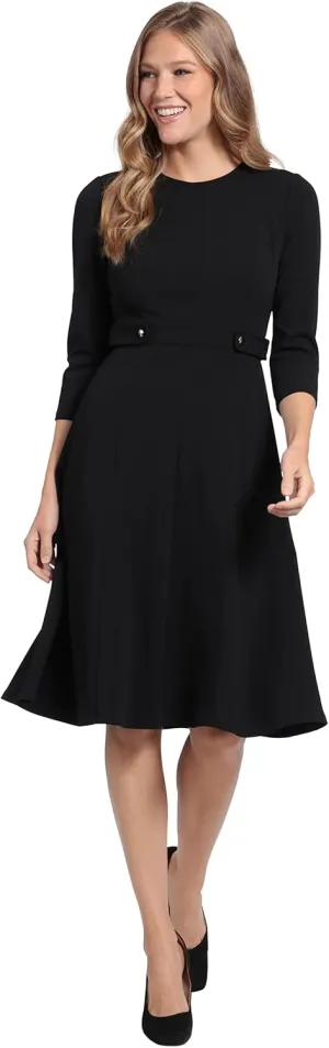 London Times Women's Crepe Fit and Flare Midi with Waist Button Detail