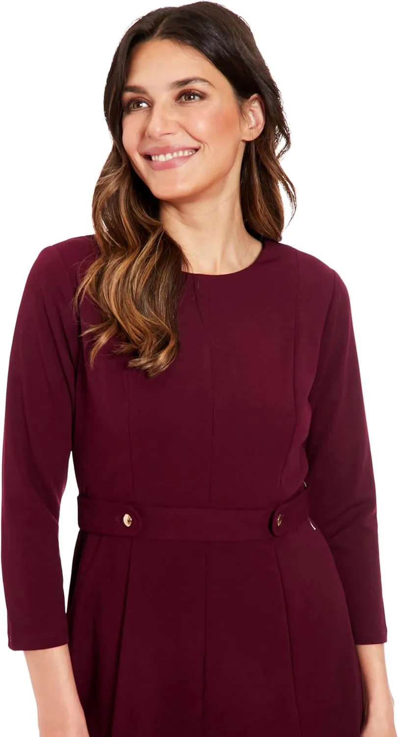 London Times Women's Crepe Fit and Flare Midi with Waist Button Detail