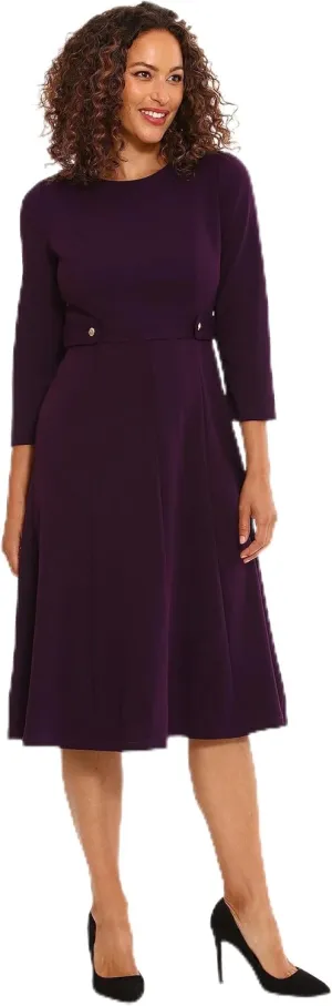 London Times Women's Crepe Fit and Flare Midi with Waist Button Detail
