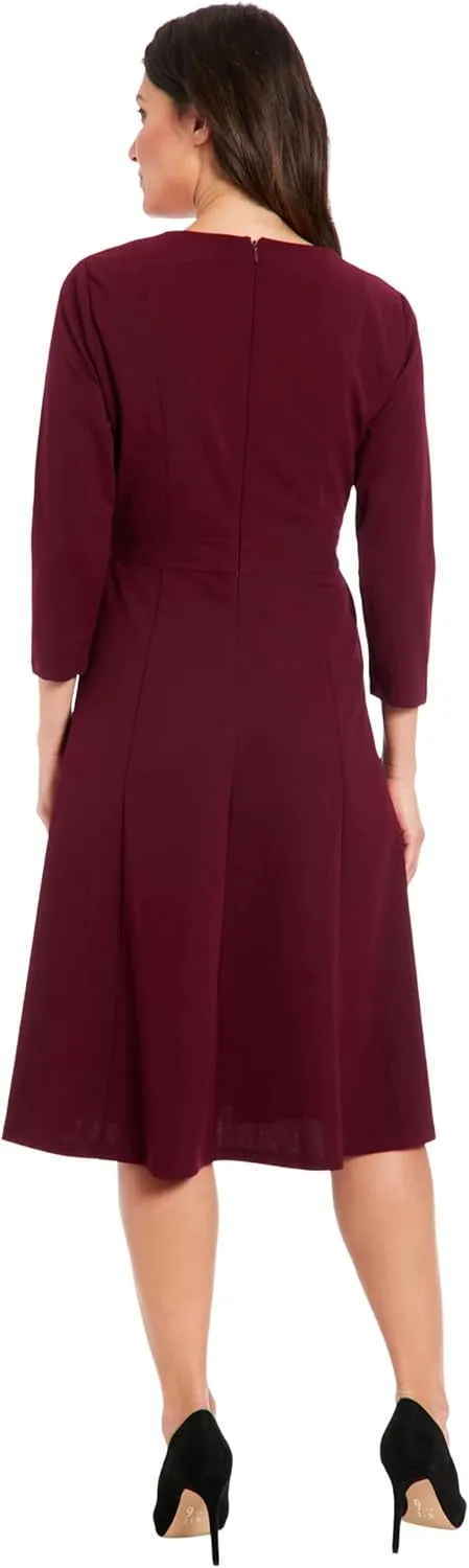 London Times Women's Crepe Fit and Flare Midi with Waist Button Detail