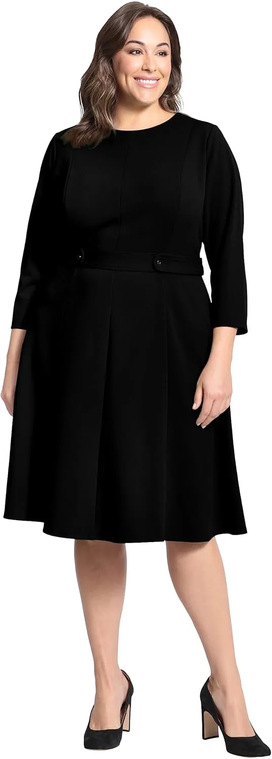 London Times Women's Crepe Fit and Flare Midi with Waist Button Detail