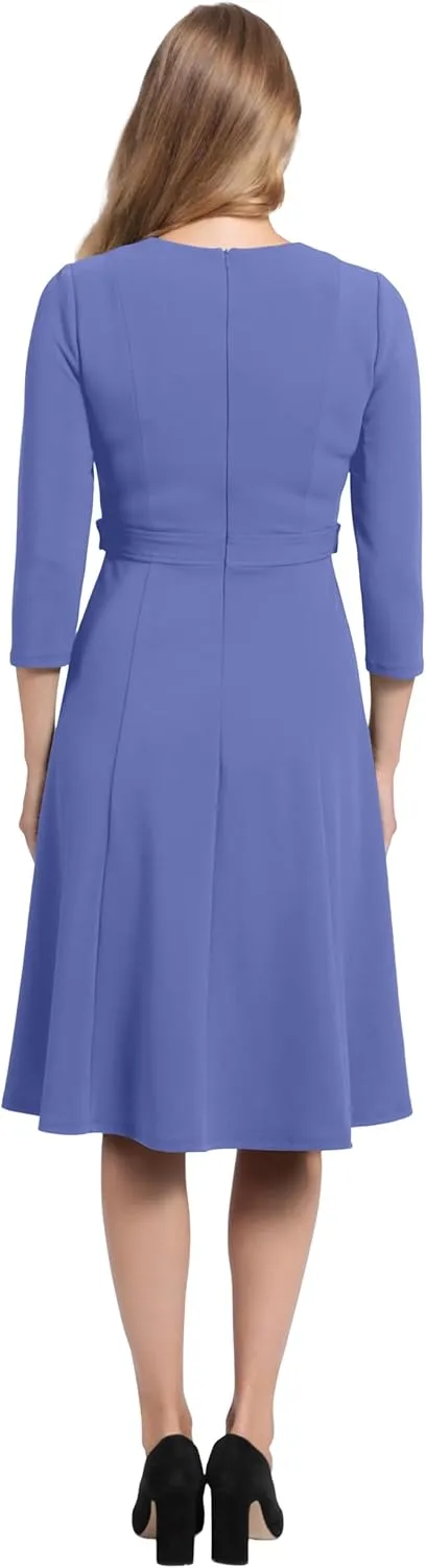 London Times Women's Crepe Fit and Flare Midi with Waist Button Detail