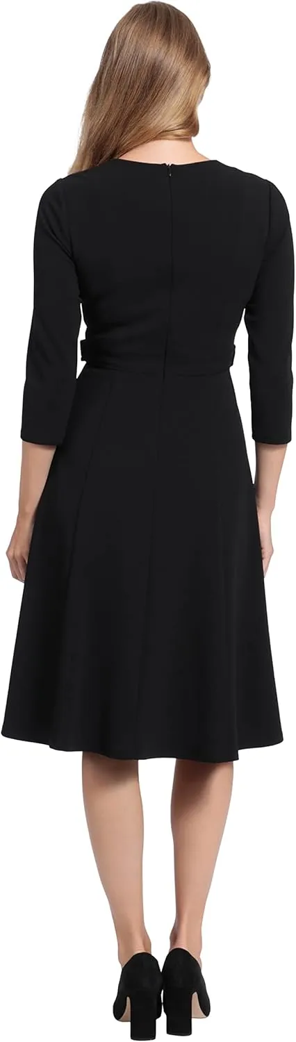 London Times Women's Crepe Fit and Flare Midi with Waist Button Detail