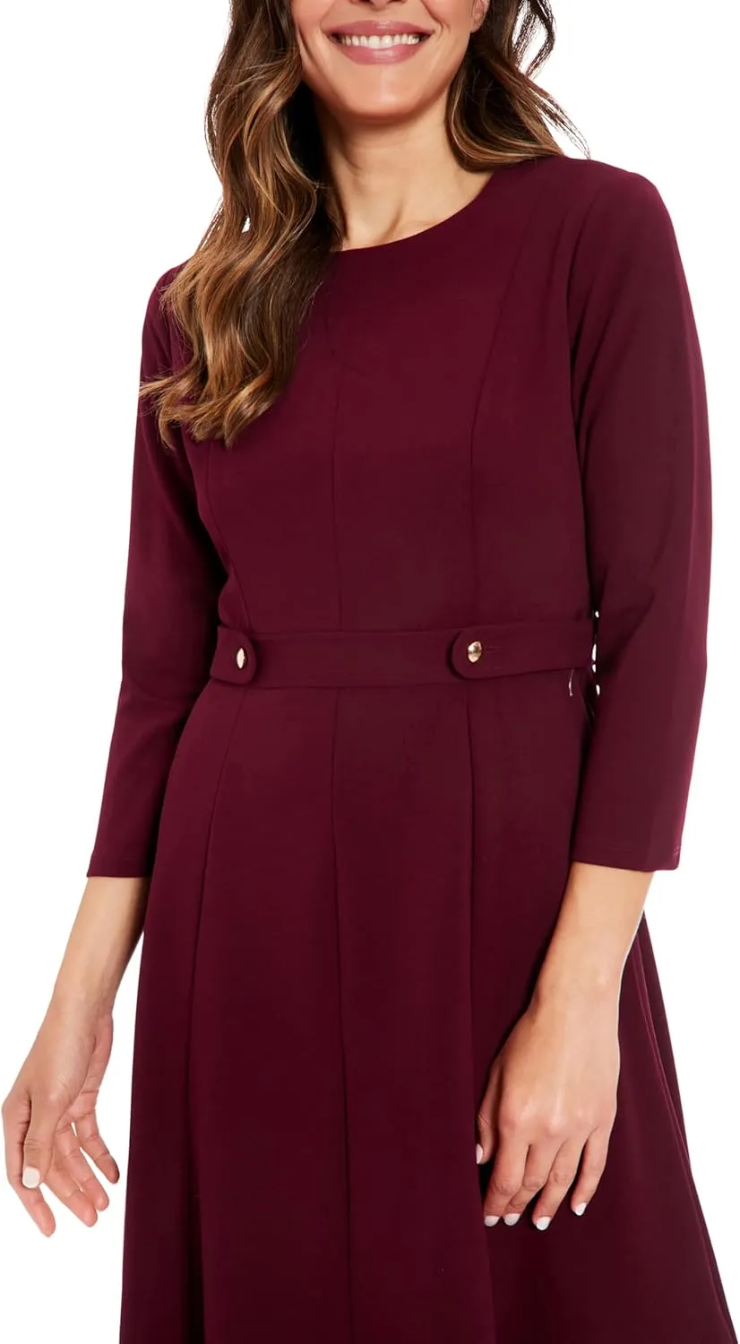 London Times Women's Crepe Fit and Flare Midi with Waist Button Detail