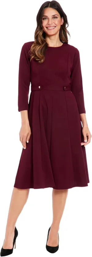London Times Women's Crepe Fit and Flare Midi with Waist Button Detail