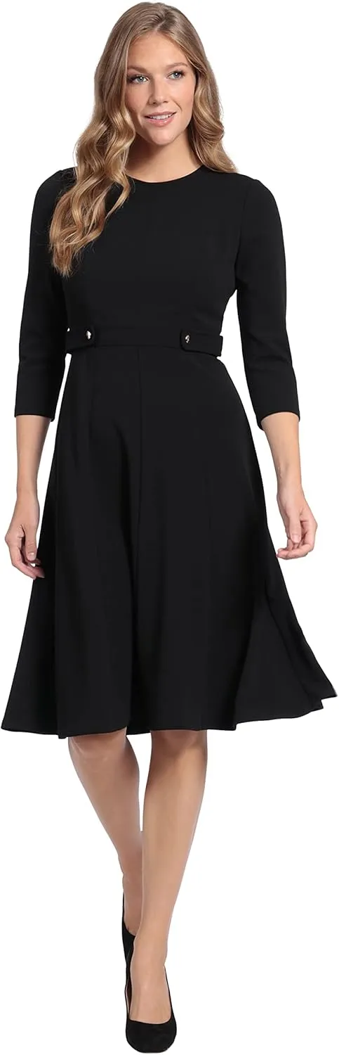 London Times Women's Crepe Fit and Flare Midi with Waist Button Detail