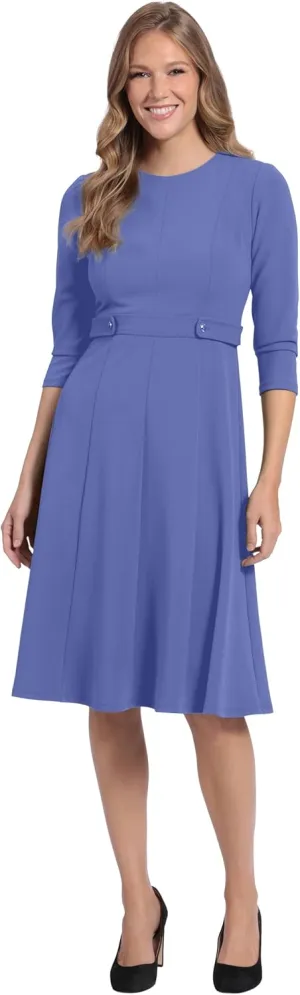 London Times Women's Crepe Fit and Flare Midi with Waist Button Detail