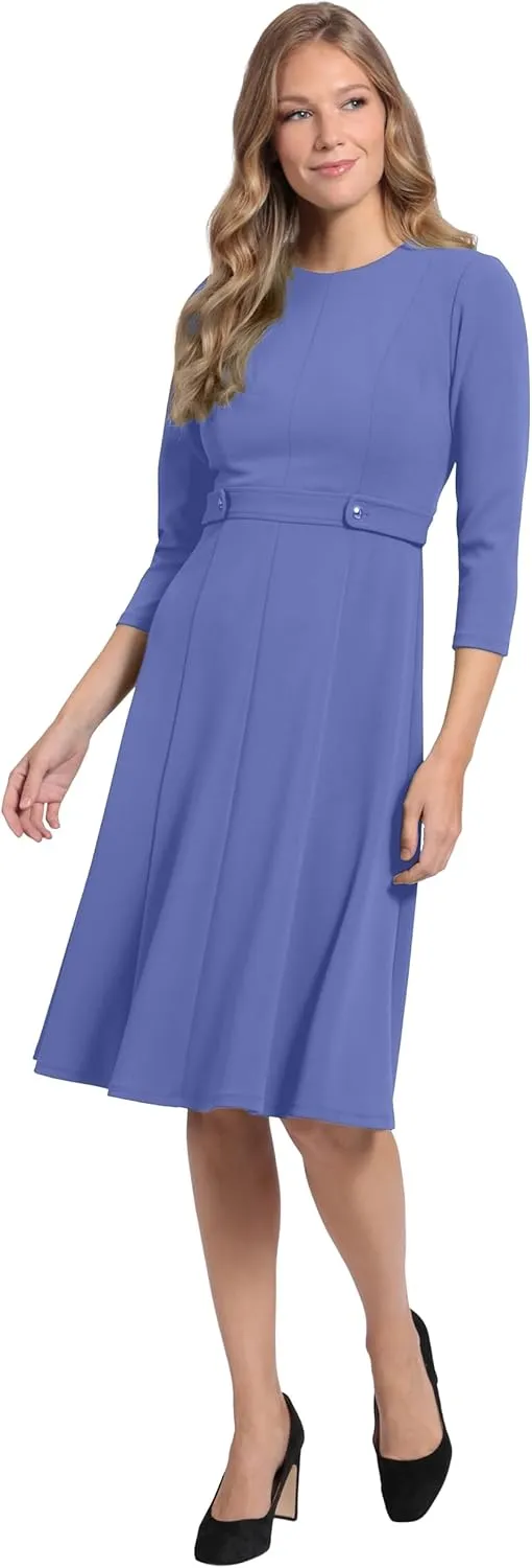 London Times Women's Crepe Fit and Flare Midi with Waist Button Detail