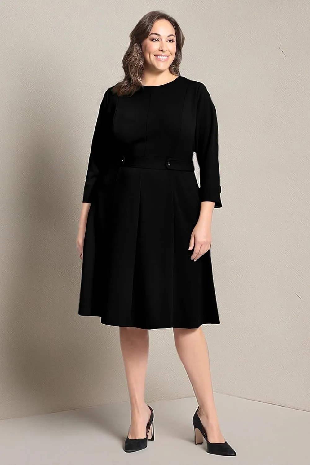 London Times Women's Crepe Fit and Flare Midi with Waist Button Detail