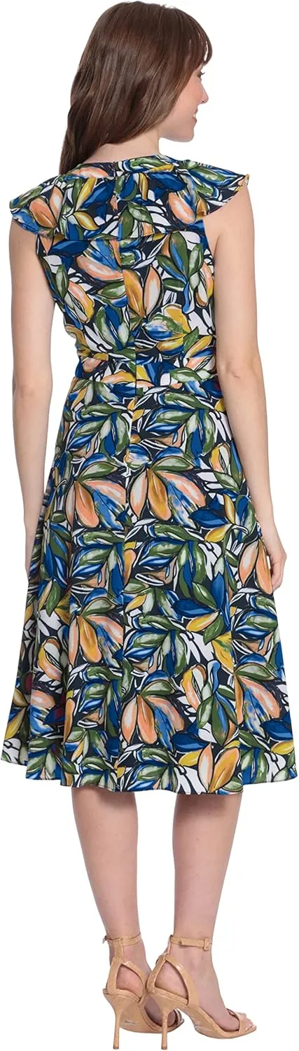 London Times Women's Ruffle Framed V-Neck Fit and Flare Dress