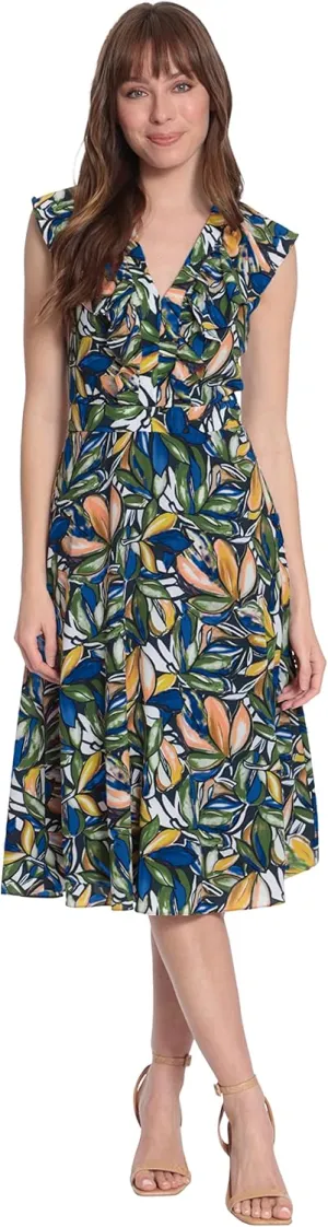 London Times Women's Ruffle Framed V-Neck Fit and Flare Dress