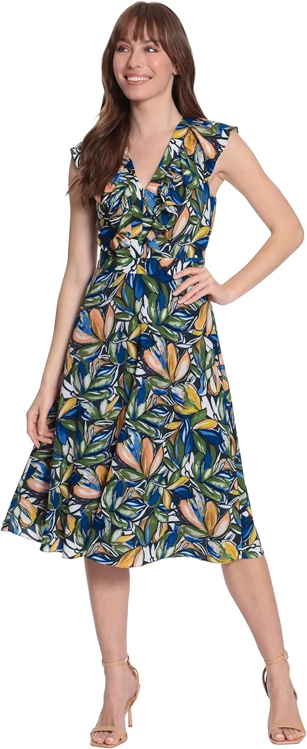 London Times Women's Ruffle Framed V-Neck Fit and Flare Dress